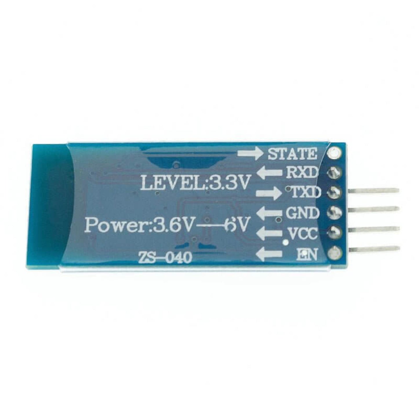 HC-06 Bluetooth Module with labeled pins for RXD, TXD, GND, and VCC, operating voltage 3.3V, power input 3.6-6V.