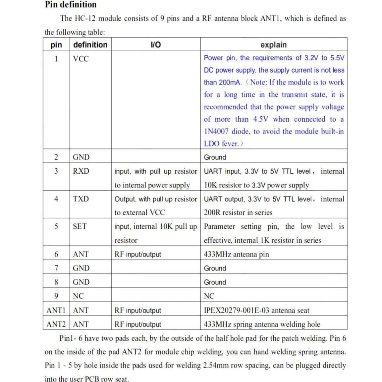 HC-12 433Mhz wireless serial module pinout diagram and electrical specifications for easy integration.