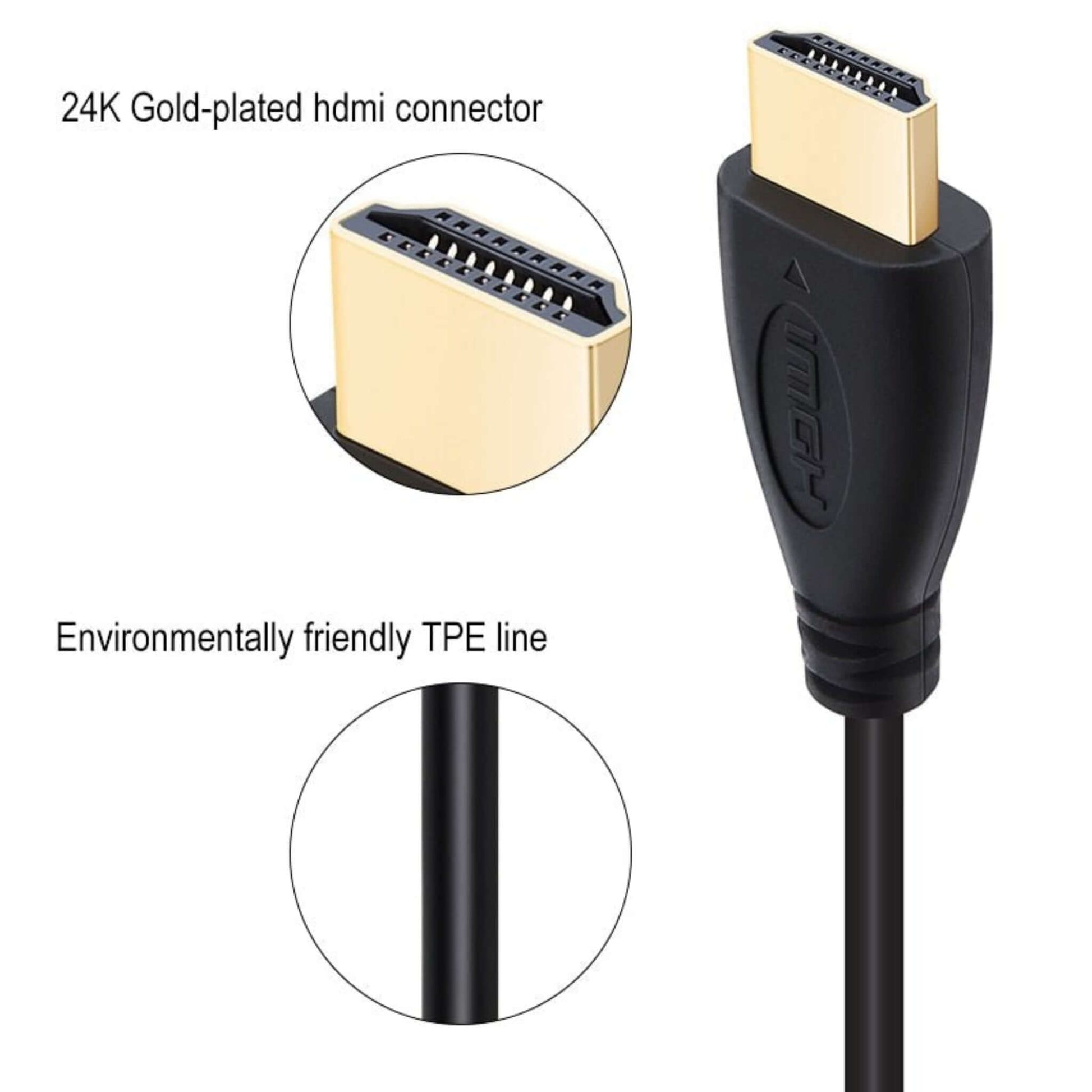 High-Speed HDMI 1.4 cable with 24K gold-plated connector and environmentally friendly TPE line.