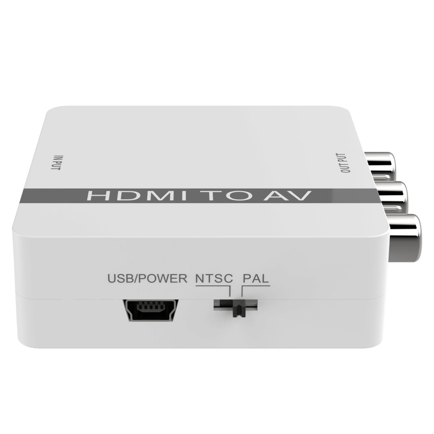 HDMI to AV converter with USB power and video format switches for PAL and NTSC compatibility.