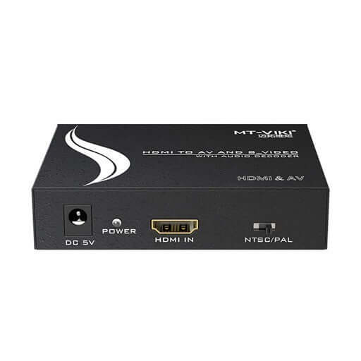 MT-ViKI HDMI to AV and S-Video converter with HDMI input, NTSC/PAL switch, for high-definition signal conversion.