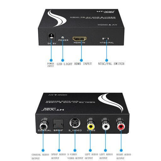 MT-ViKI HDMI to AV and S-Video Converter with input and output ports for audio and video signals.