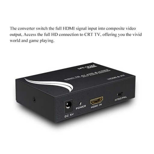 HDMI to AV and S-Video converter for connecting HD devices to CRT TVs, supporting NTSC/PAL formats.
