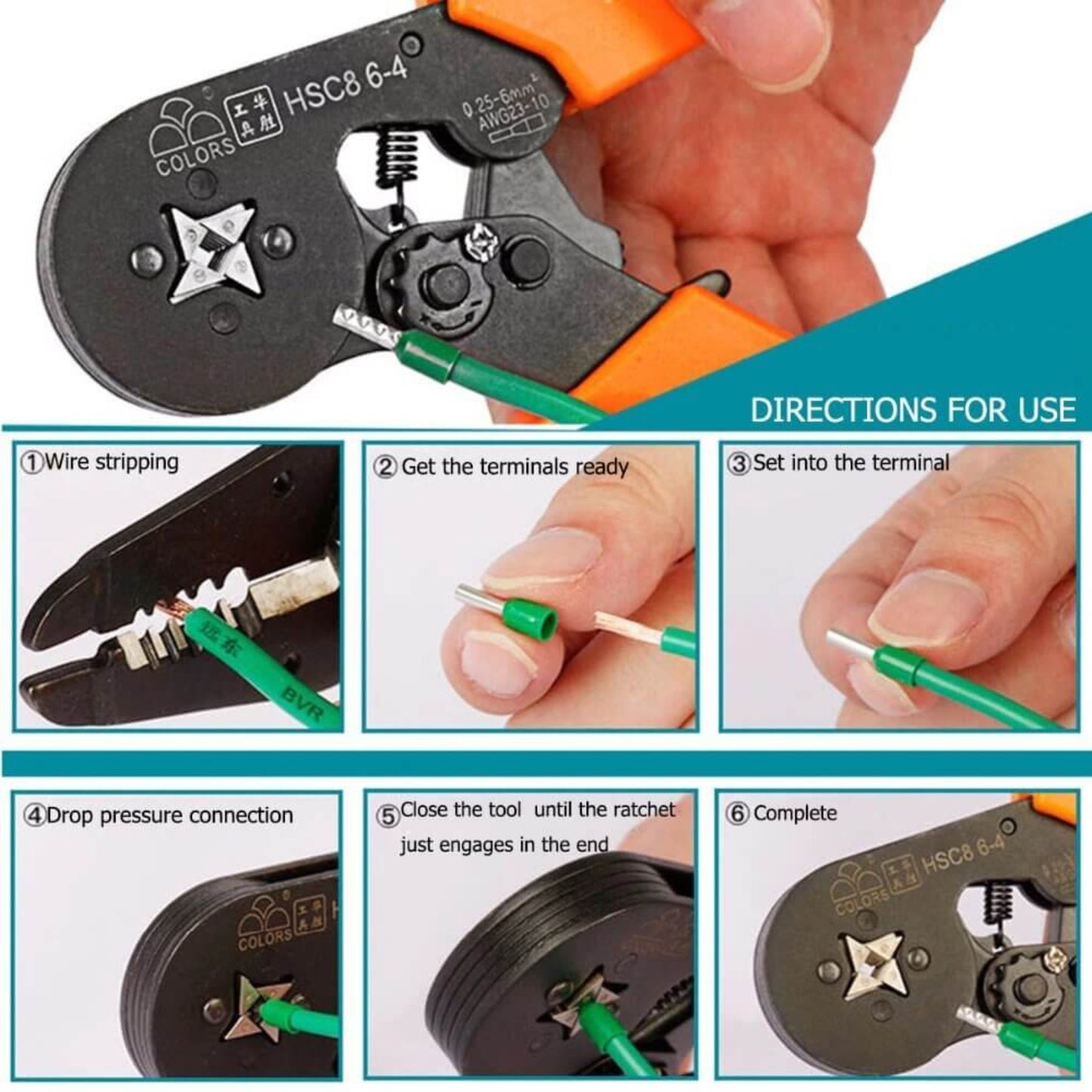 A 6-step visual guide showing how to strip a wire and use a crimping tool to attach a wire ferrule terminal for a secure connection.