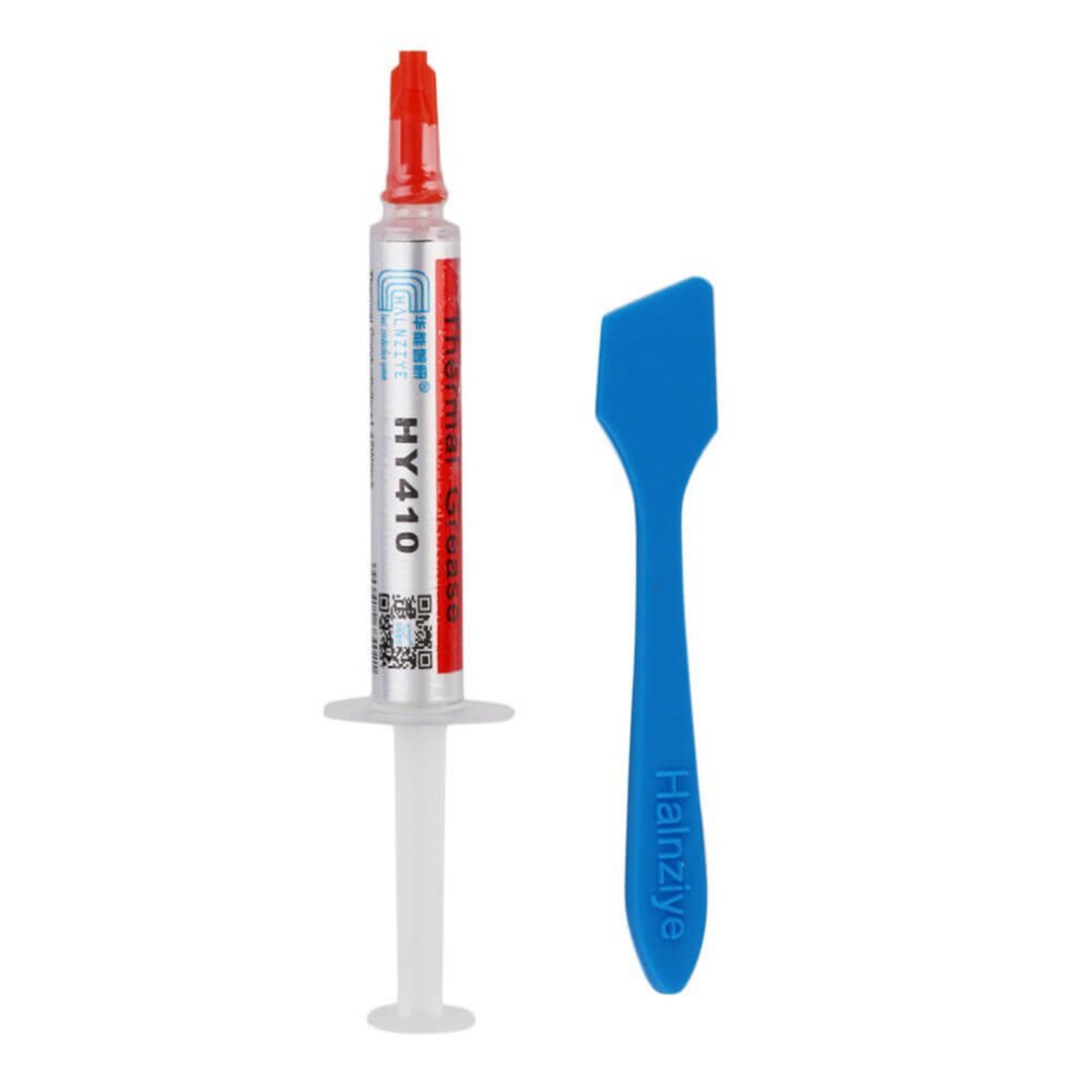 HY410 high-performance thermal grease syringe with blue applicator for CPU and GPU cooling.