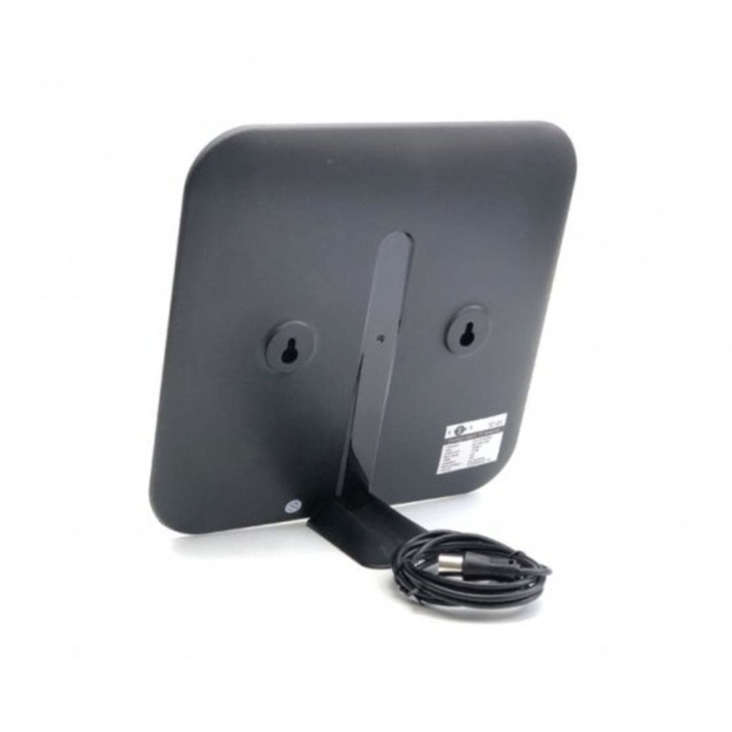 Back view of the HD Digital TV Antenna showing the built-in stand, wall-mounting keyholes, and attached coaxial cable.