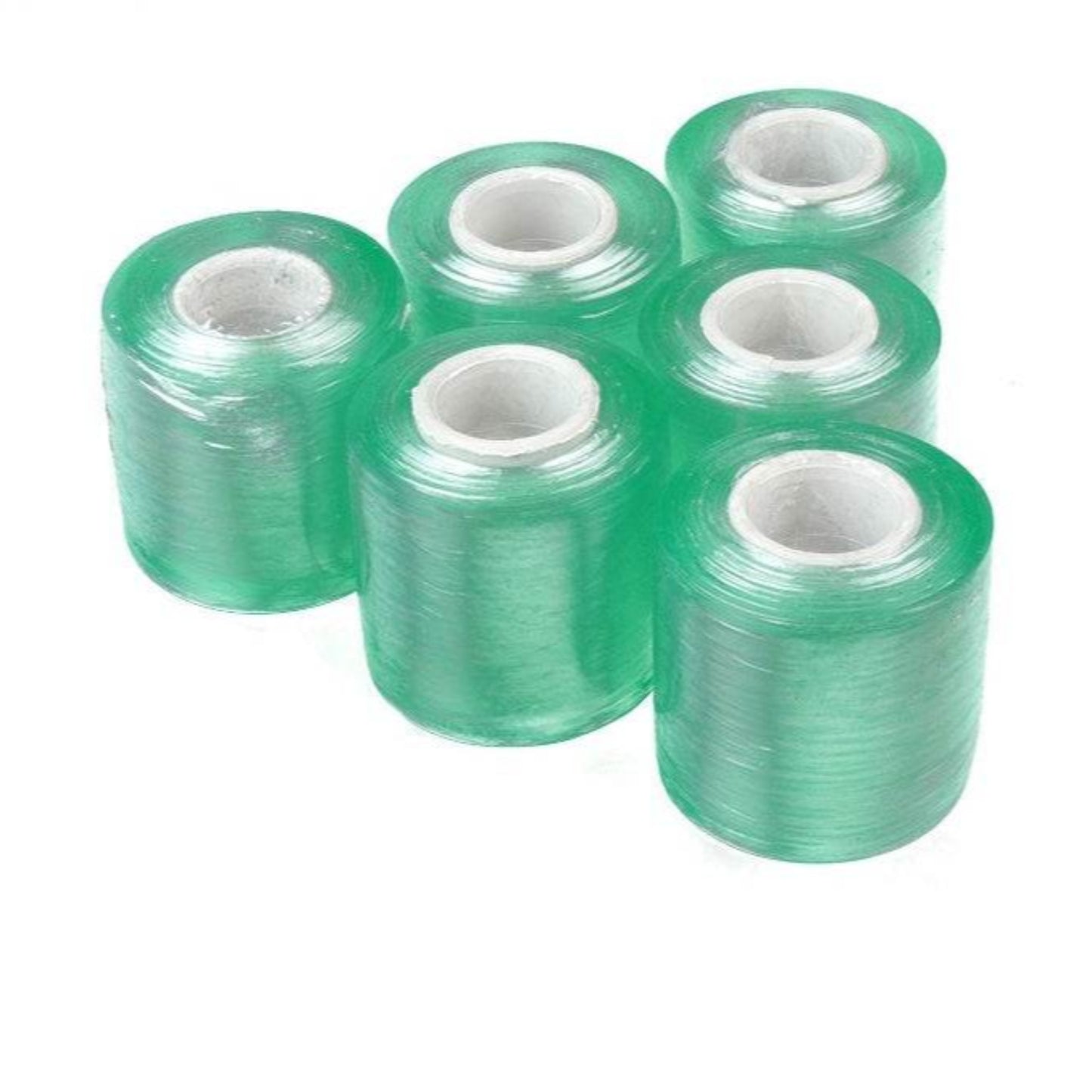 Six rolls of transparent PVC stretch wrap packing film, ideal for durable industrial sealing and winding.