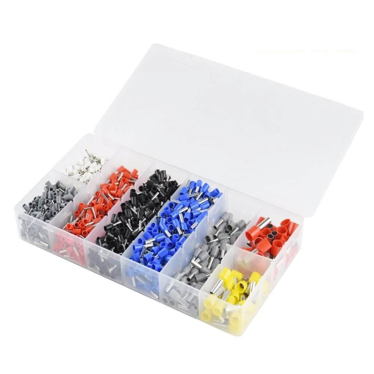 Angled view of the 1200-piece wire ferrule kit in its transparent plastic storage box, displaying the variety of insulated crimp terminals inside.