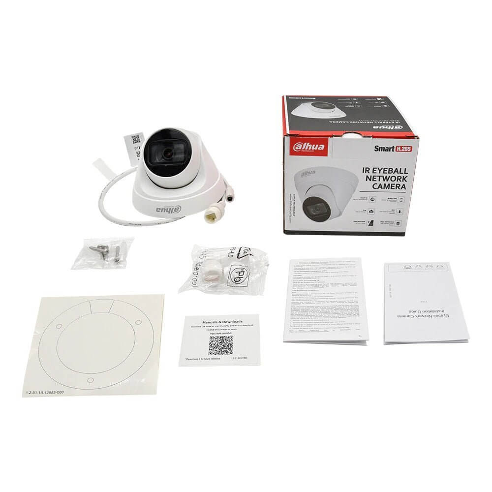 Dahua HDW1431T1P-S4 IR Eyeball Network Camera with packaging and accessories laid out.