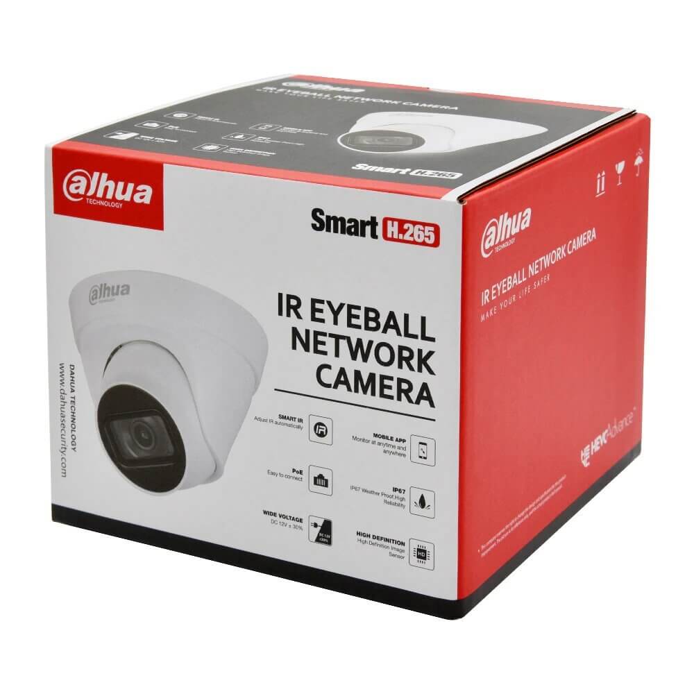 Dahua HDW1431T1P-S4 4MP IR Eyeball Network Camera packaging showcasing features and specifications.