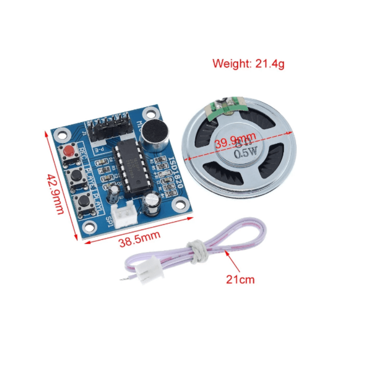 ISD1820 recording module with microphones and loudspeaker for Arduino, dimensions 42.9mm x 38.5mm, weight 21.4g.