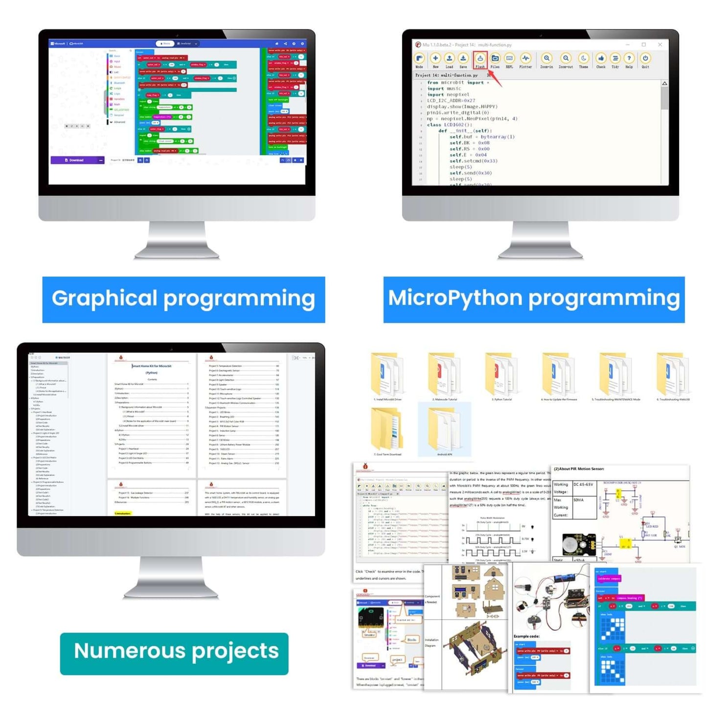 Screens displaying graphical programming, MicroPython coding, and numerous project resources for BBC Micro:bit.