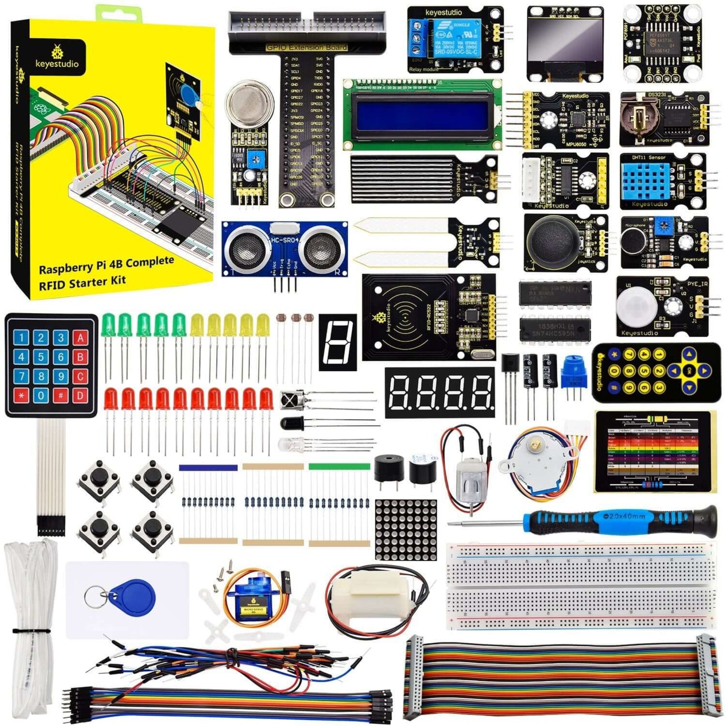 All components included in the Keyestudio Raspberry Pi RFID Starter Kit, showing sensors, LEDs, breadboard, wires, and RFID module.