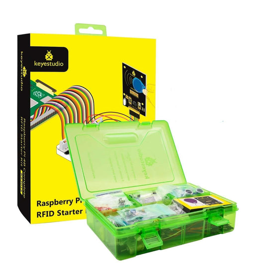 Keyestudio Raspberry Pi 4B RFID Starter Kit with yellow packaging and a green component case.