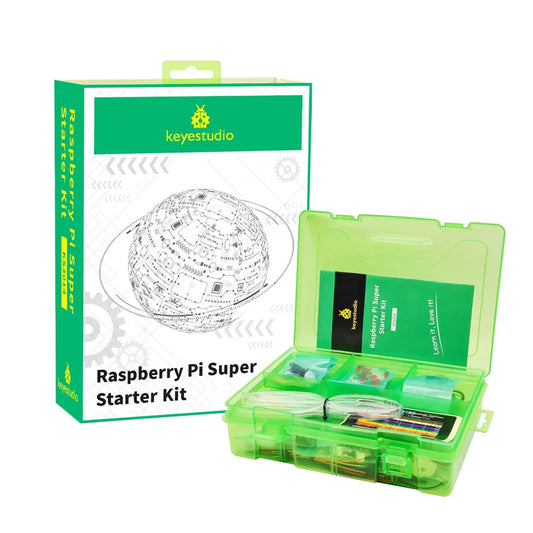 The packaging and green organizer case for the Keyestudio Raspberry Pi Super Starter Kit.