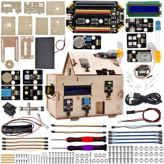 KEYESTUDIO Micro:bit IoT Smart Home Starter Kit with components, sensors, and DIY tools for educational use.