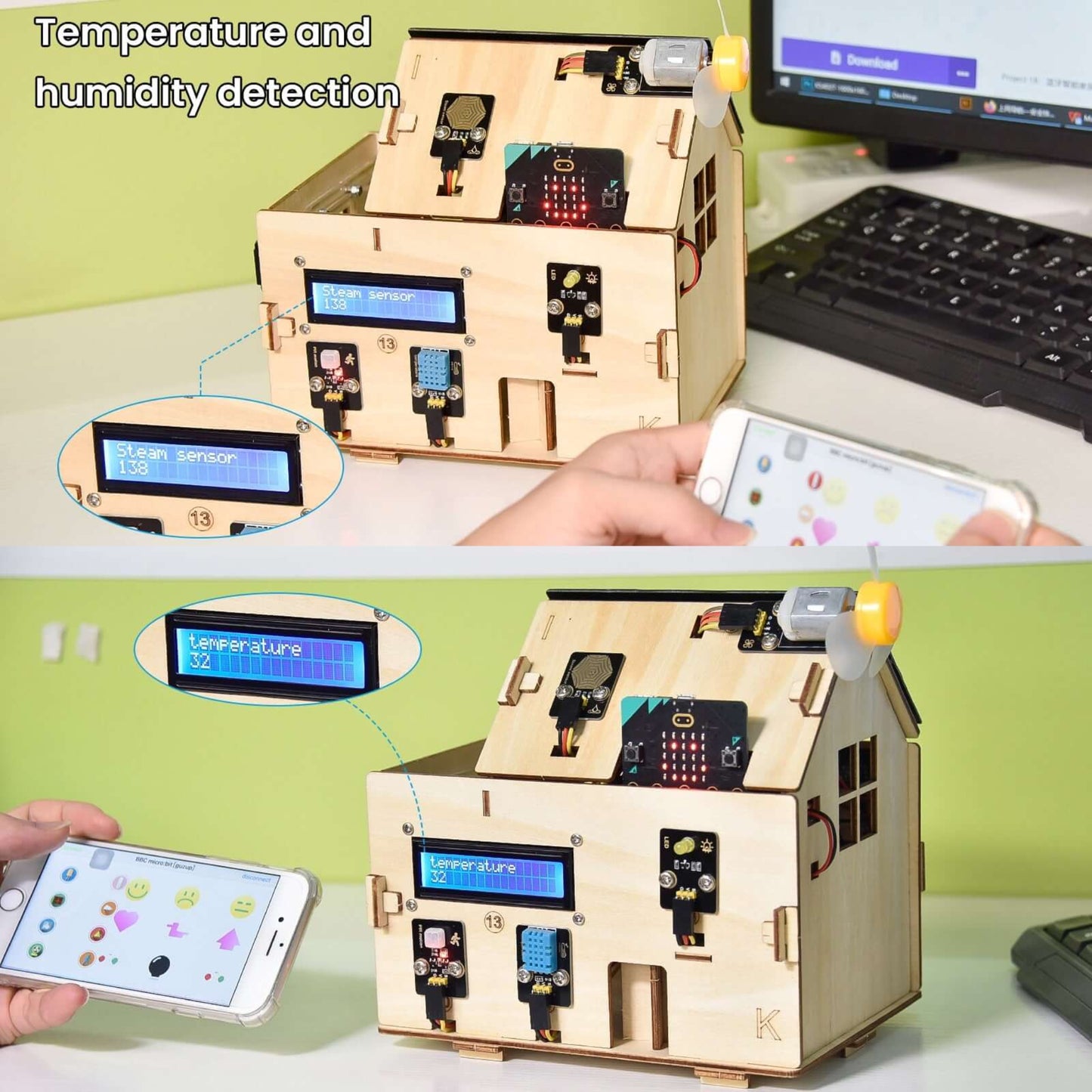 Keyestudio Micro:bit IoT Smart Home Kit showcasing temperature and humidity detection features with smartphone control.