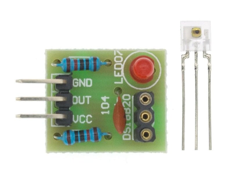Laser Sensor Receiver Module for Arduino, compact PCB with laser receiving capabilities and output connections.