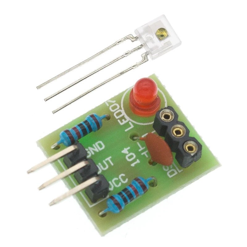 Laser Sensor Receiver Module for Arduino, DIY PCB 1.5x1.9cm, output high on laser signal, ideal for dark environments.