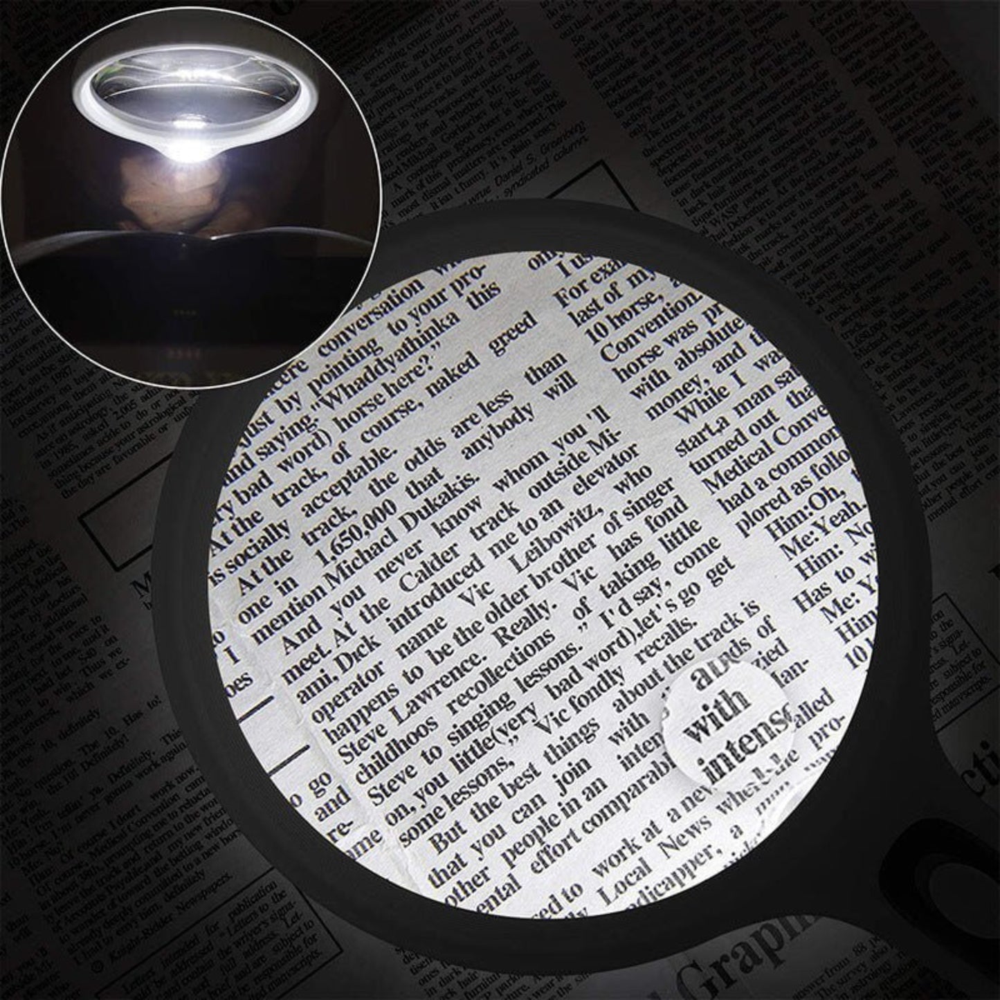 Black 145mm handheld LED magnifying glass with 5X and 10X magnification for reading newspapers.
