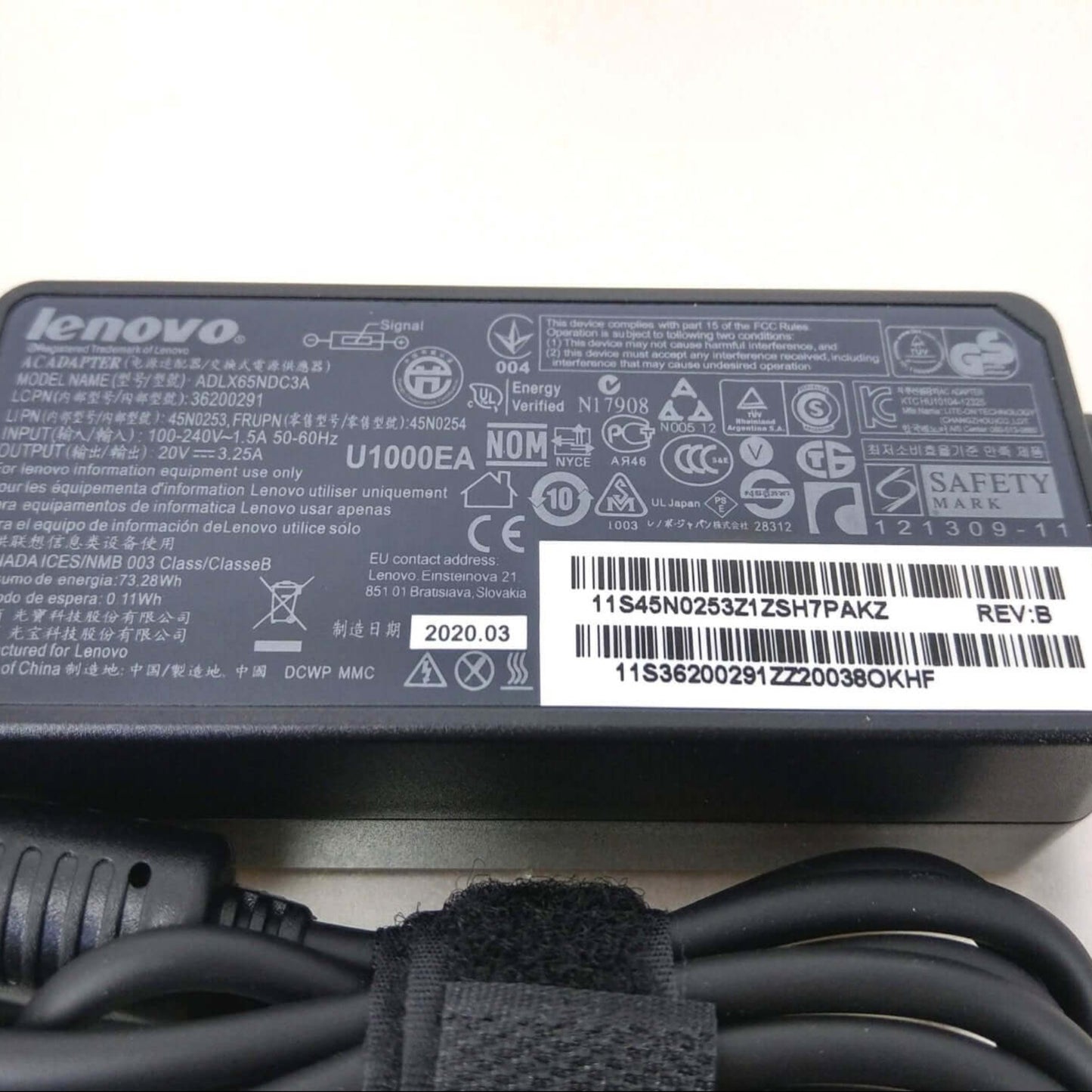 65W 20V 3.25A Laptop Charger for Lenovo ThinkPad & IdeaPad showing detailed specifications on the adapter.