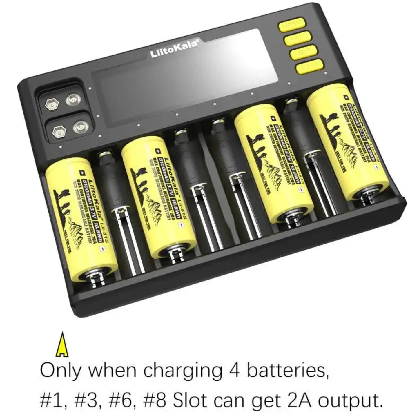 LiitoKala Lii-S8 charger displaying four batteries charging, highlighting 2A output for specific slots.