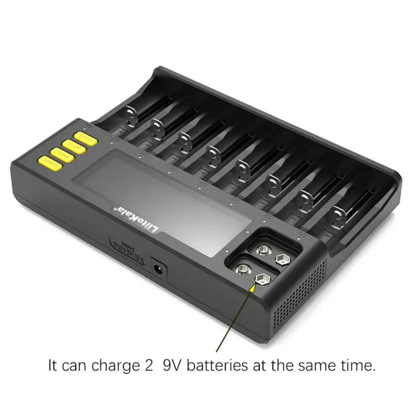 LiitoKala Lii-S8 smart charger with 8 slots for Li-ion/NiMH/9V batteries, showing charging capability.