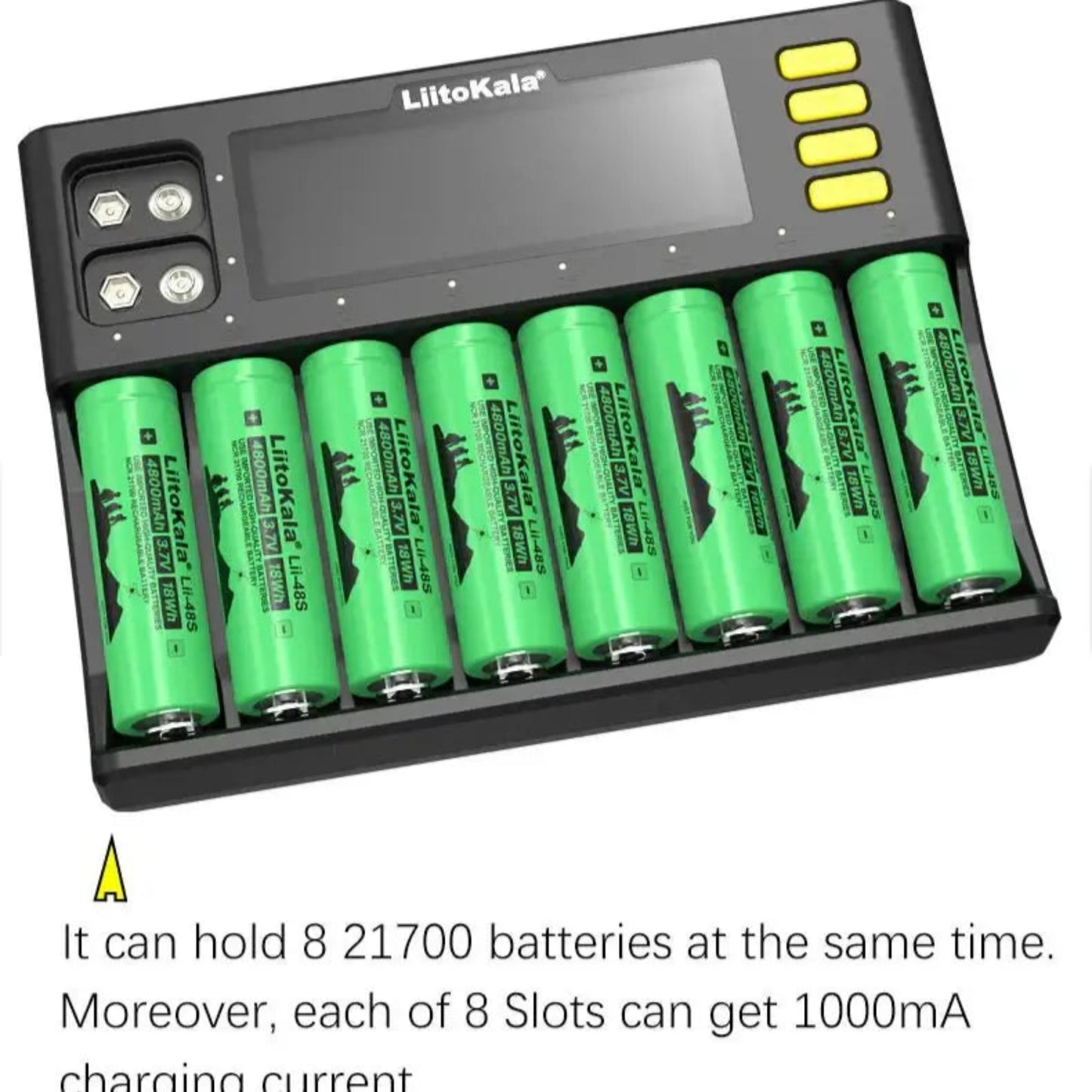 LiitoKala Lii-S8 smart 8-slot battery charger with 21700 batteries, displaying digital interface and charging status.