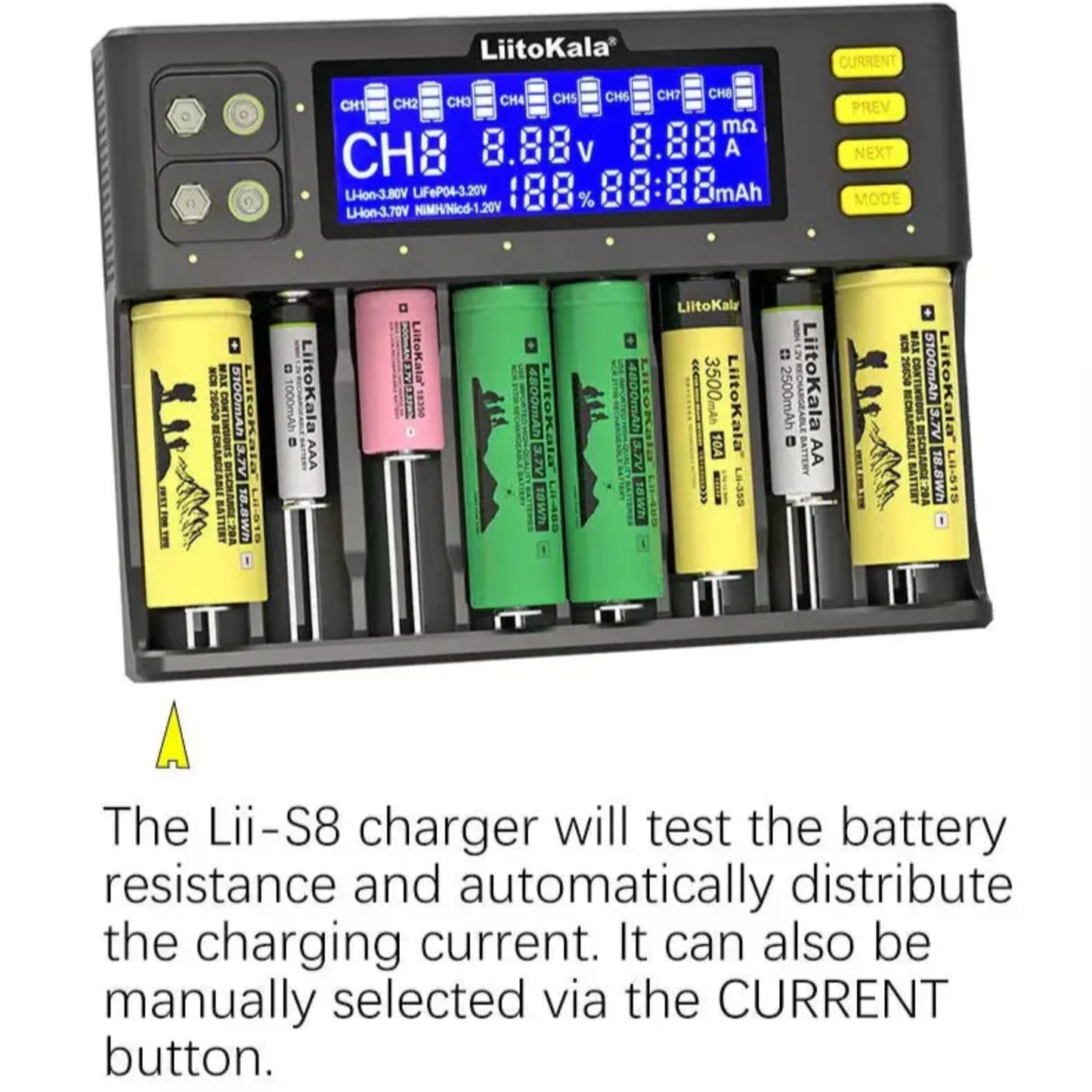 LiitoKala Lii-S8 smart battery charger with 8 slots for Li-ion and NiMH batteries, displaying charging status on screen.