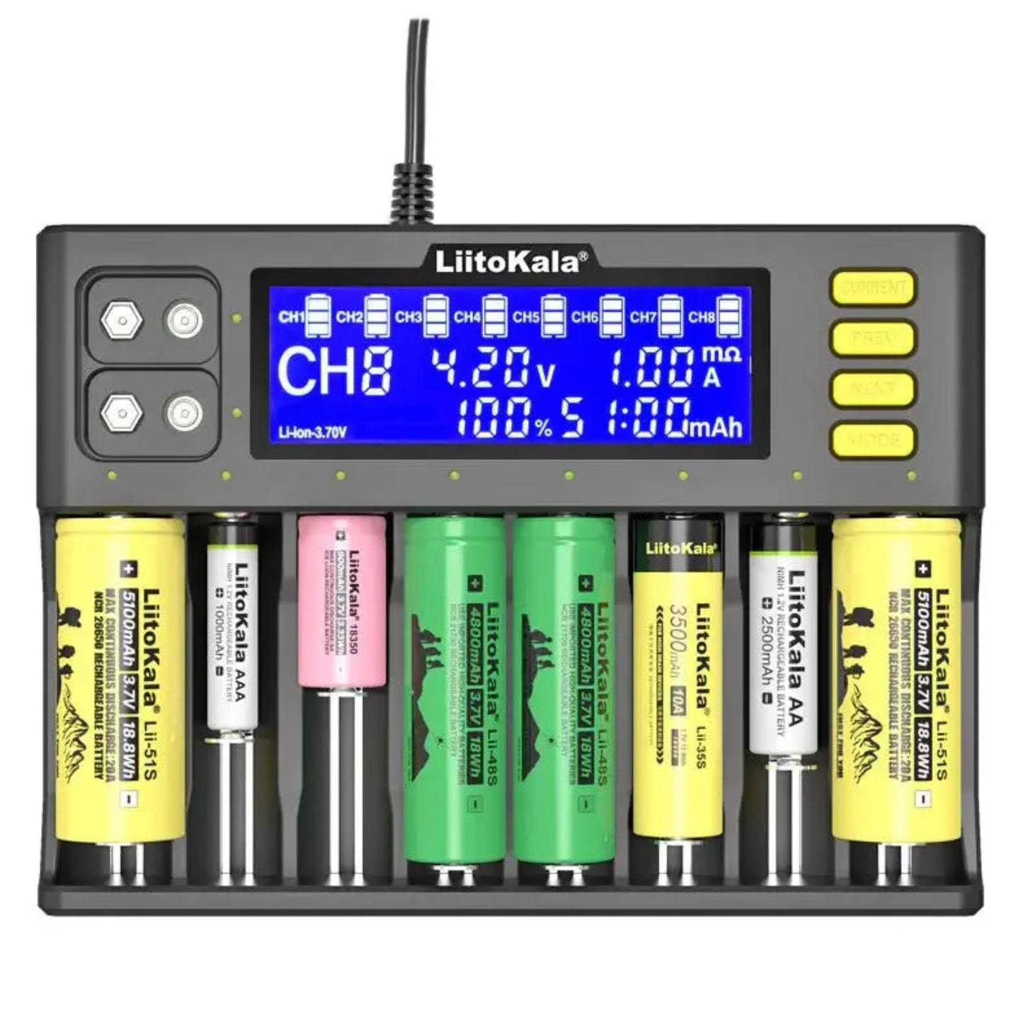 LiitoKala Lii-S8 Smart 8-Slot Charger displaying battery status with multiple rechargeable batteries inserted.