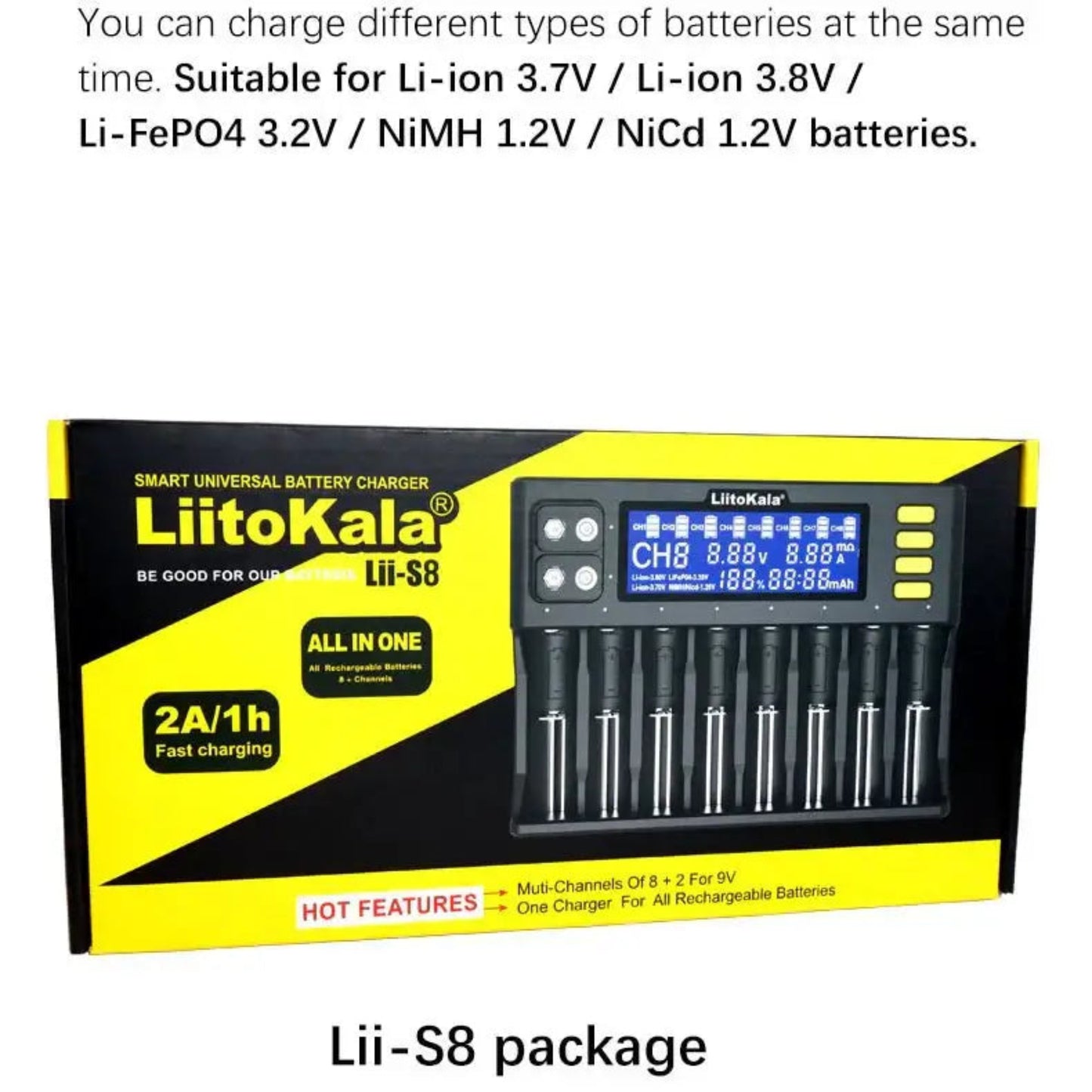 LiitoKala Lii-S8 smart universal battery charger with 8 slots for Li-ion, NiMH, and NiCd batteries.