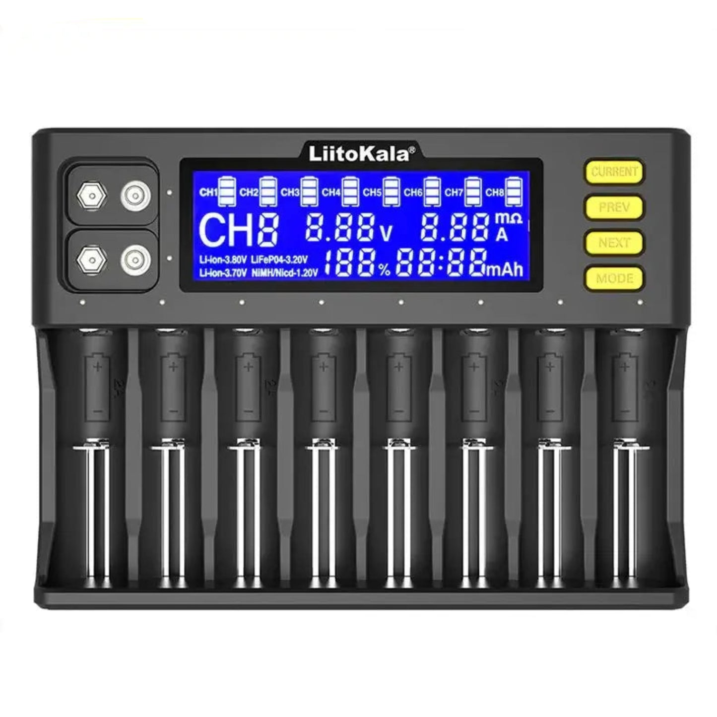 LiitoKala Lii-S8 Smart 8-Slot Universal Charger displaying charging data and battery slots.