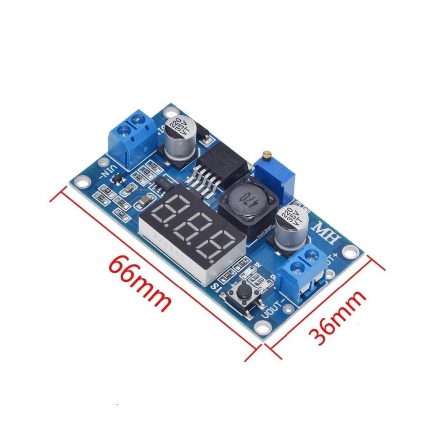 LM2596 step-down module with dimension overlays showing 66mm length and 36mm width.
