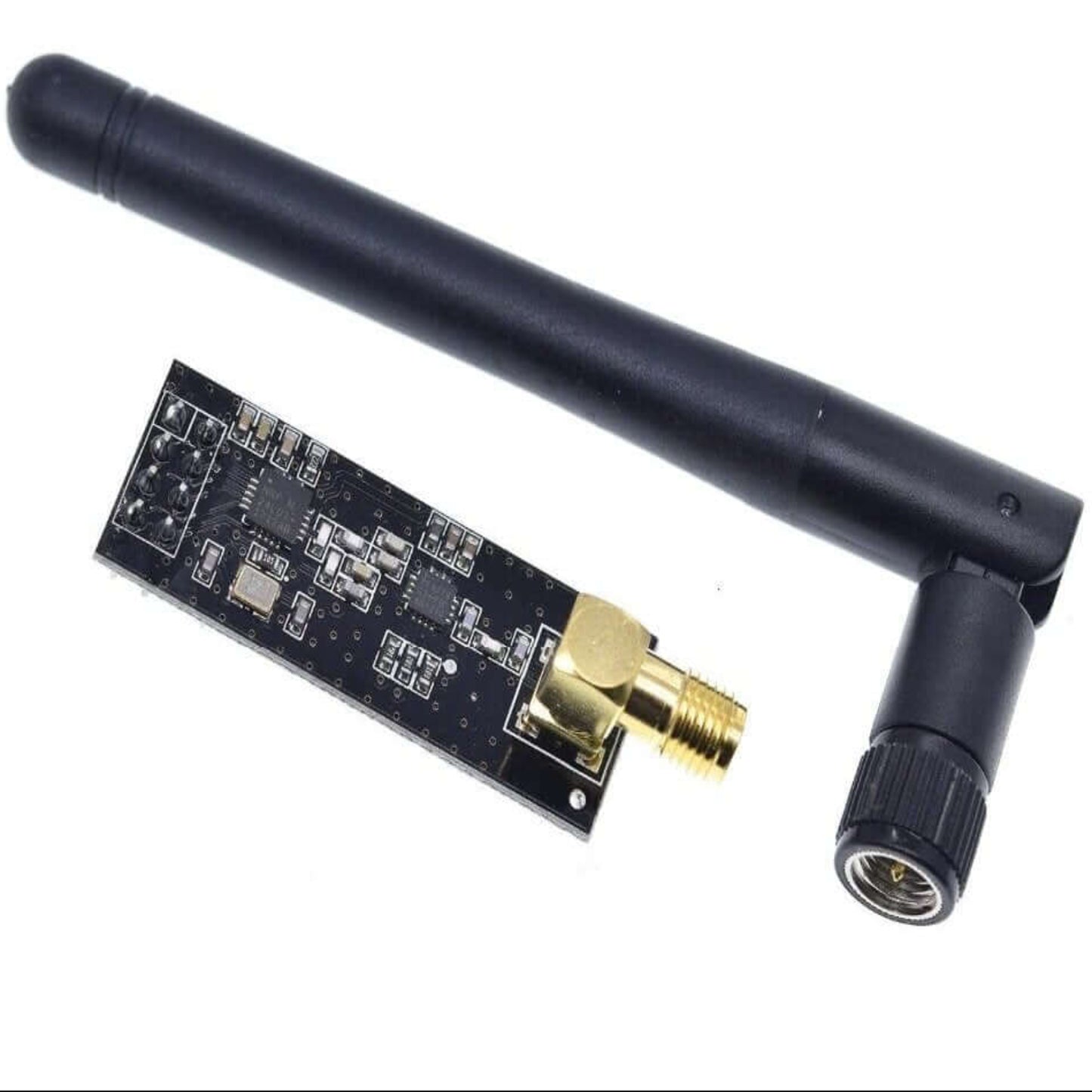 The NRF24L01+PA+LNA wireless module with the 2dBi SMA antenna fully attached, ready for 1000m transmission.