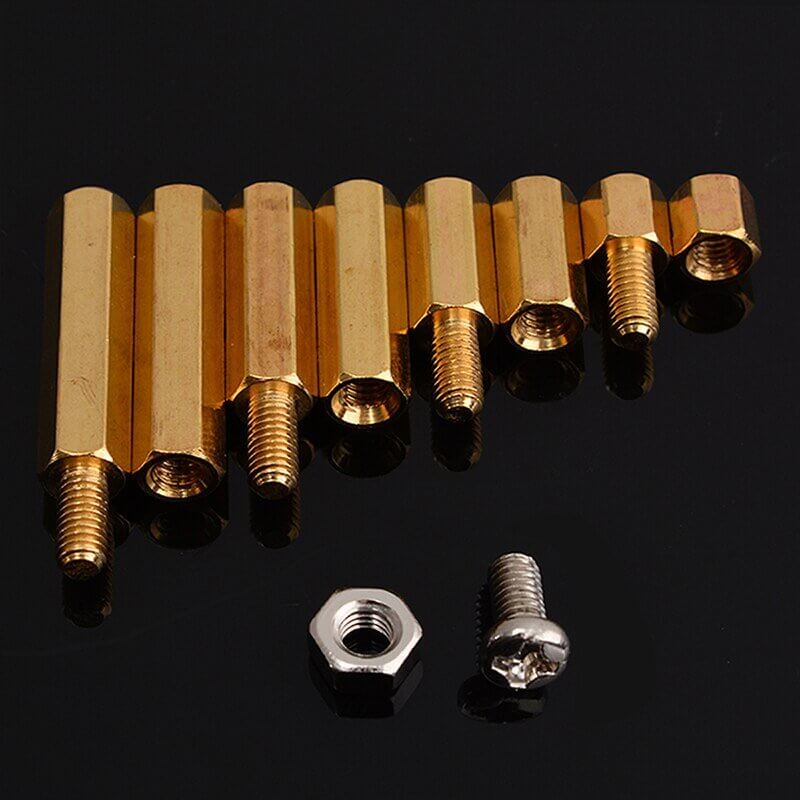 M3 brass standoffs and screws assortment kit showing various sizes and shapes on a black background.