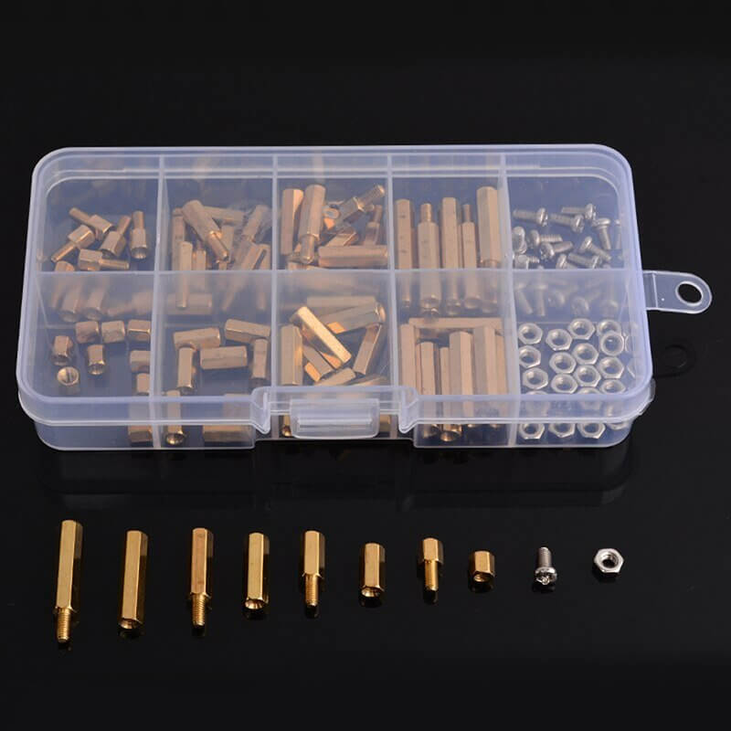 M3 Brass Standoffs, Screws, and Nuts Assortment Kit with 120 pieces in a clear storage box.