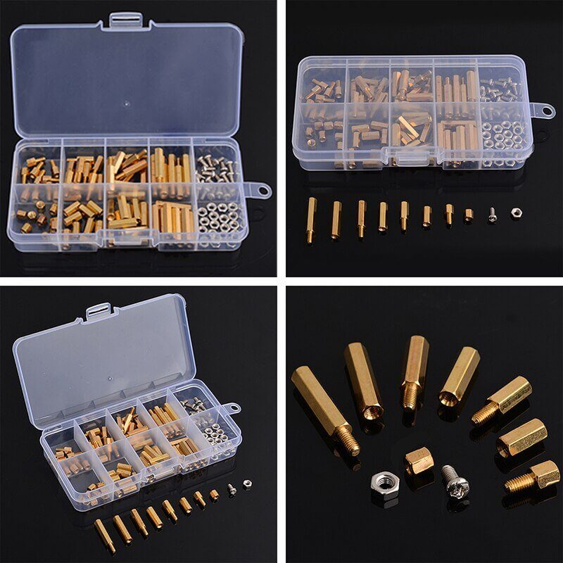 120-piece M3 brass standoffs and screws assortment kit in a clear storage box, ideal for electronics and DIY projects.