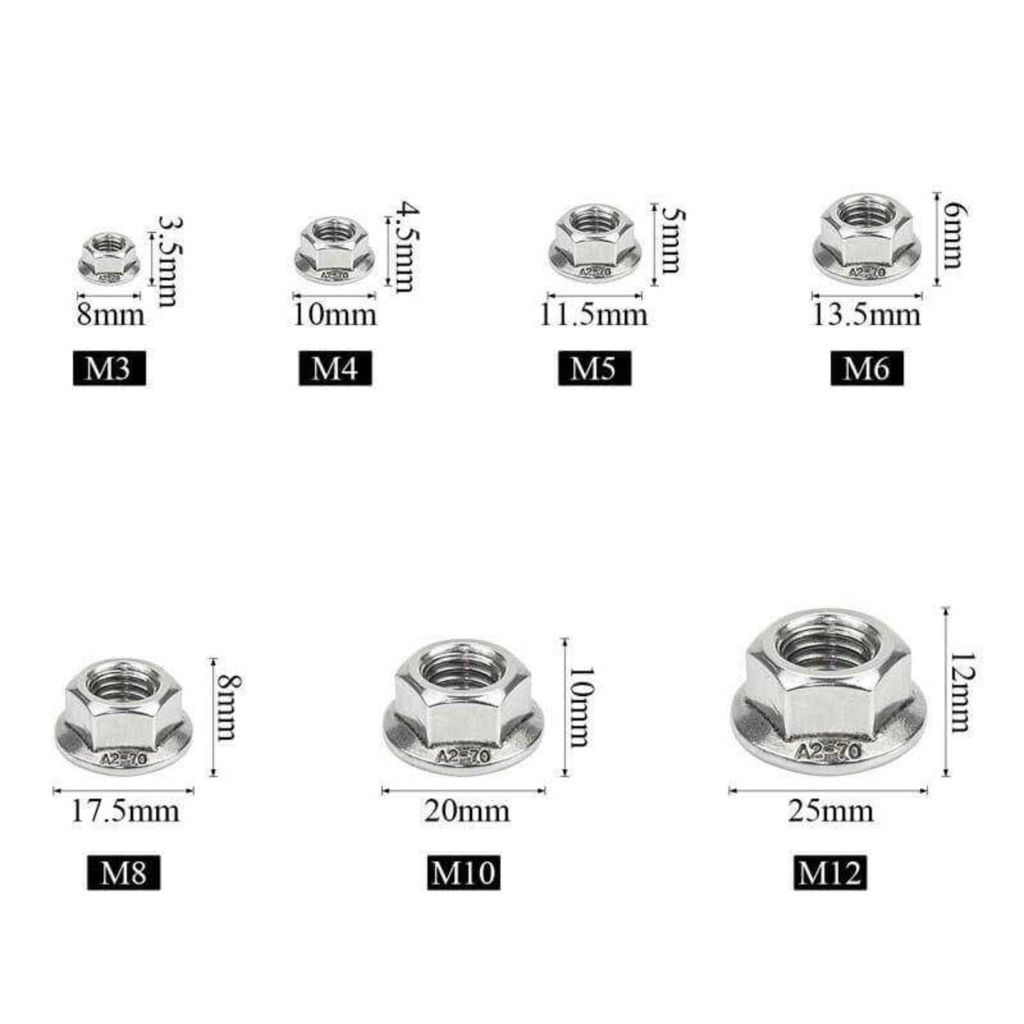 Technical specification chart showing dimensions for M3, M4, M5, M6, M8, M10, and M12 flange nuts.