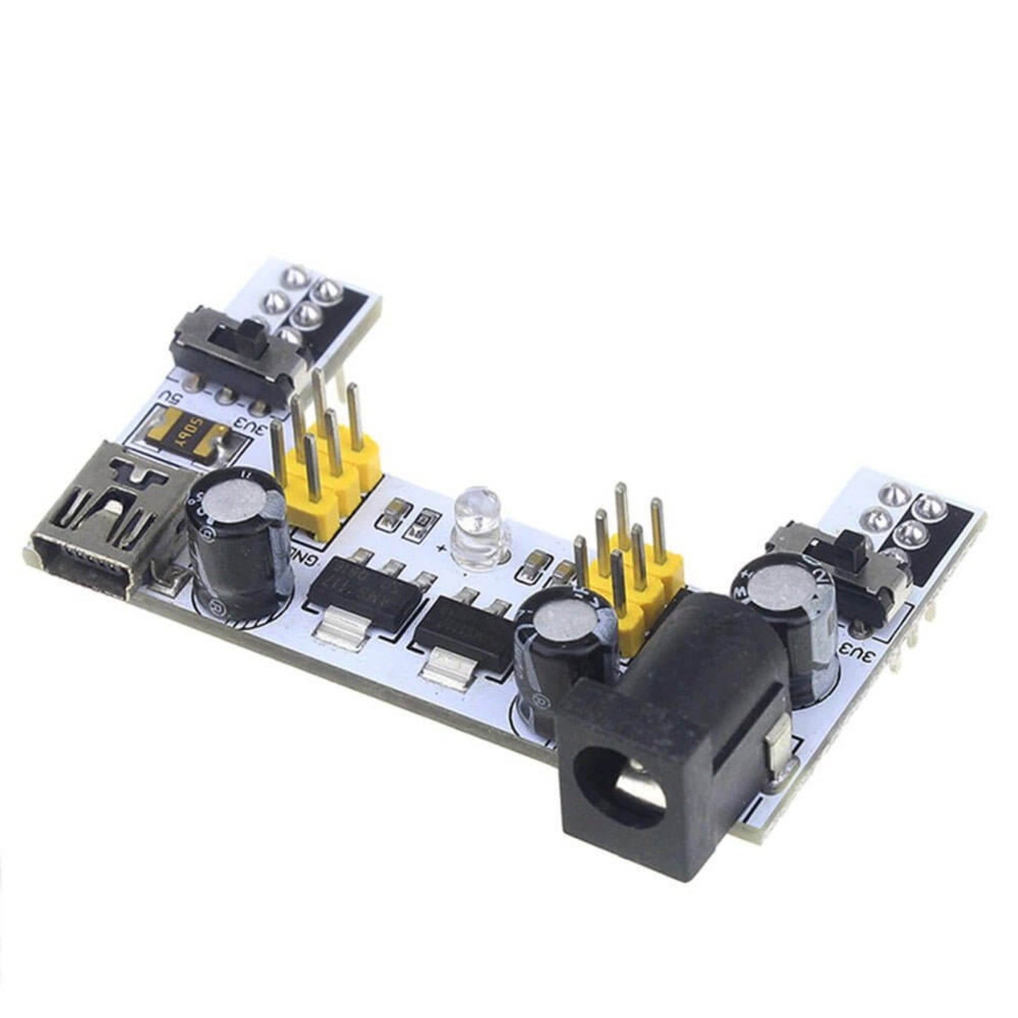 5V/3.3V Mini USB 2 Channel Breadboard Power Supply Module for Arduino. Input: DC 7-12V, Output: 3.3-5V, Current: 700mA.