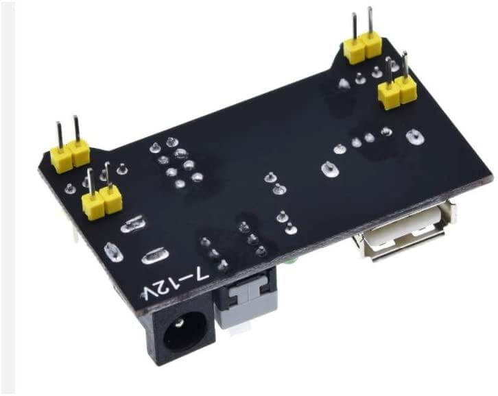MB-102 Breadboard Power Supply Module with USB and DC input ports for 3.3V and 5V output.