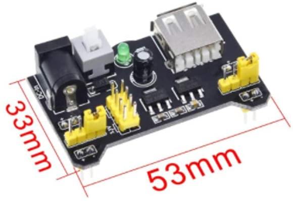 MB-102 Breadboard Power Supply Module layout showcasing input/output ports and dimensions of 33mm x 53mm.