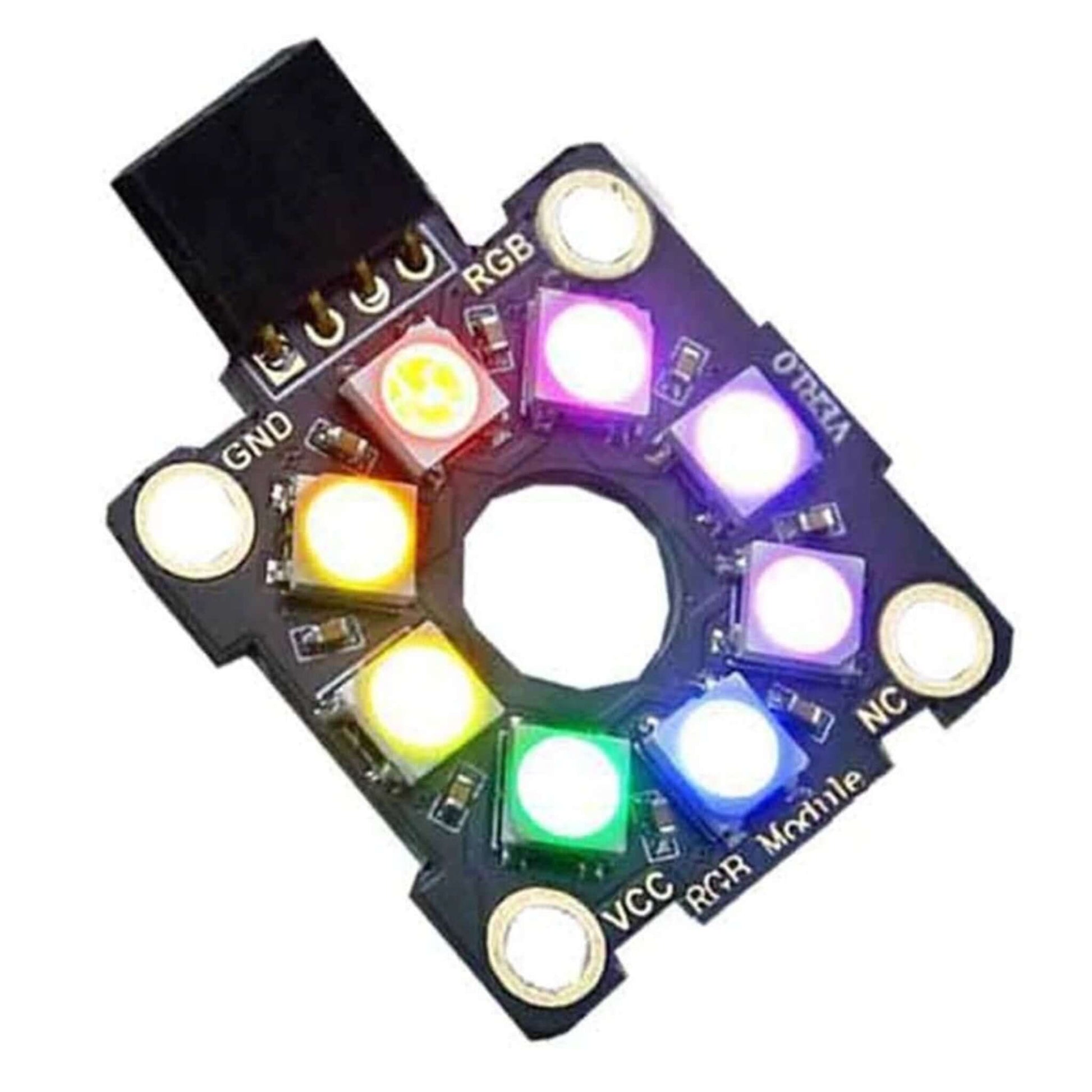 Micro:bit RGB LED module featuring 8 independently addressable lights in a circular design, ideal for electronic projects.
