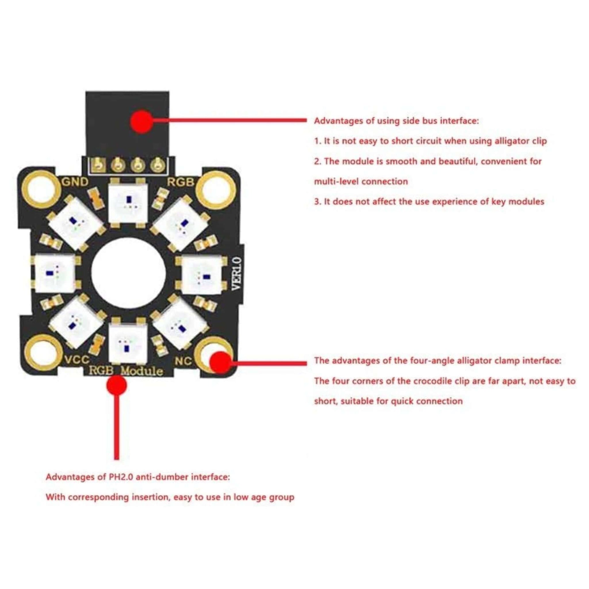 Micro:bit RGB LED Module featuring 8 programmable RGB lights and side bus interface for easy connections.