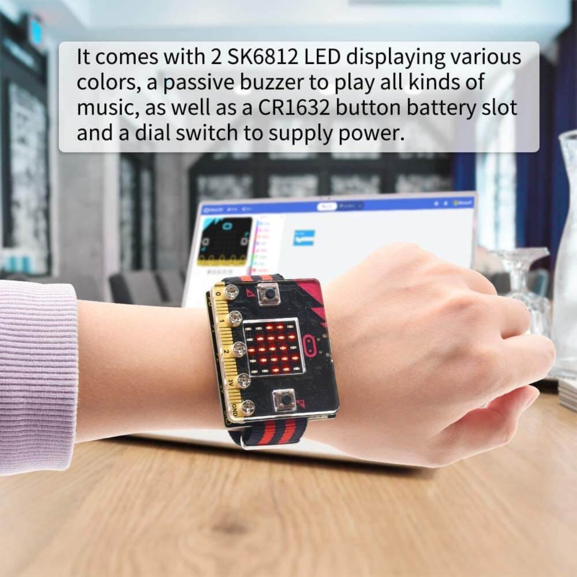 Micro:bit Smart Watch with LED display, passive buzzer, and battery slot for coding and music, perfect for beginners.