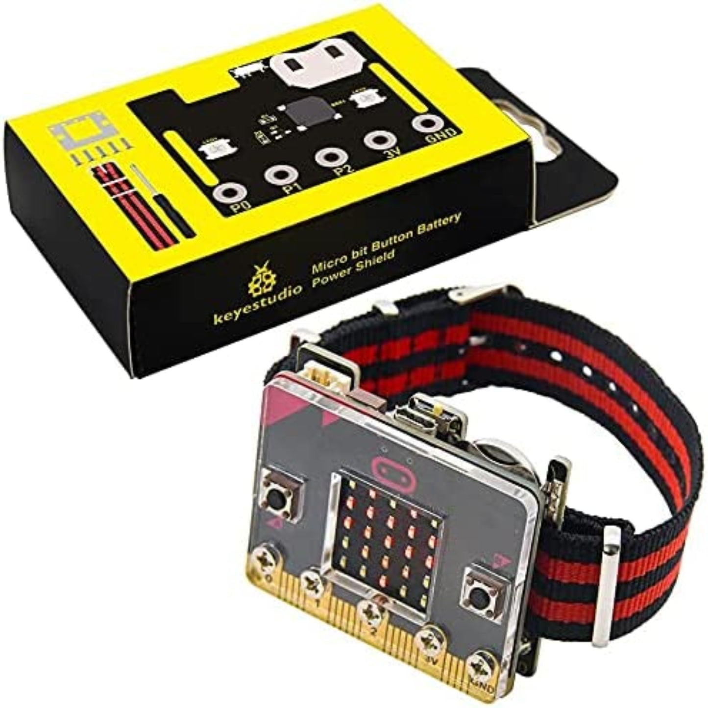 KEYESTUDIO Micro:bit Smart Watch Starter Kit with battery box and customizable strap for DIY coding projects.