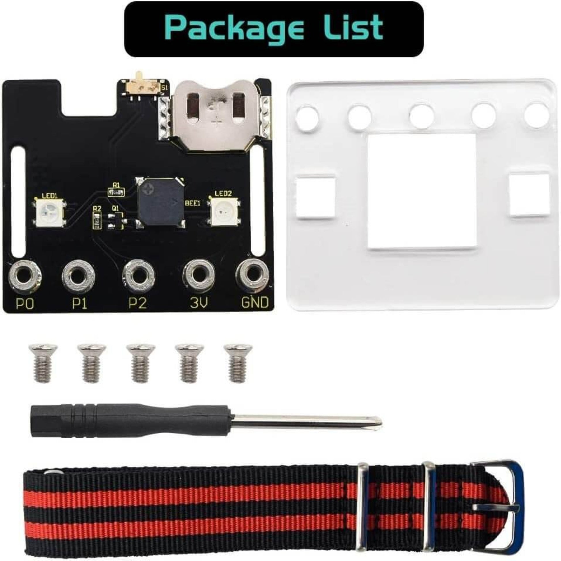 KEYESTUDIO Micro:bit Smart Watch Starter Kit package contents including circuit board, case, screws, screwdriver, and strap.