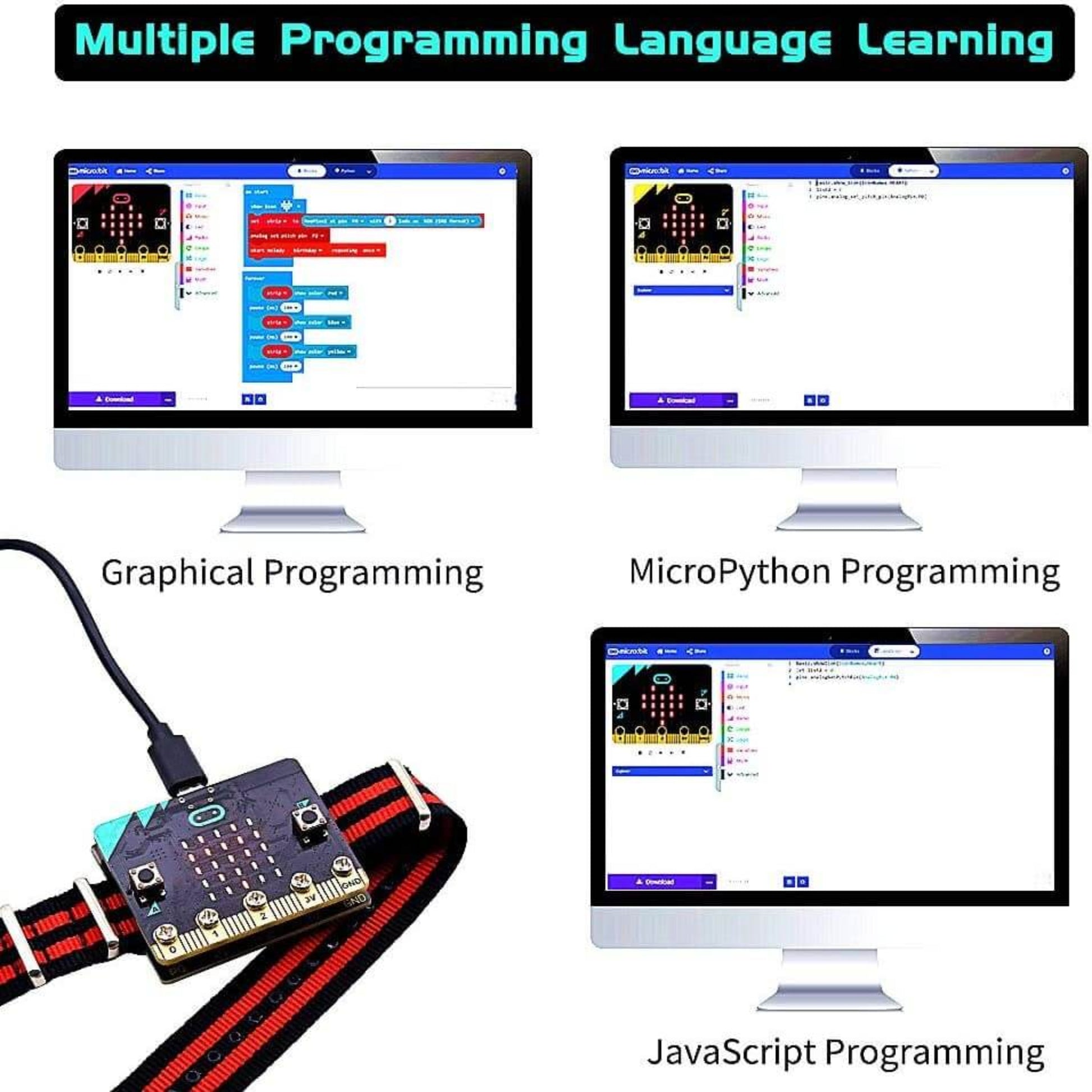 Image showcasing multiple programming languages: Graphical, MicroPython, and JavaScript, with a BBC Micro:bit connected.