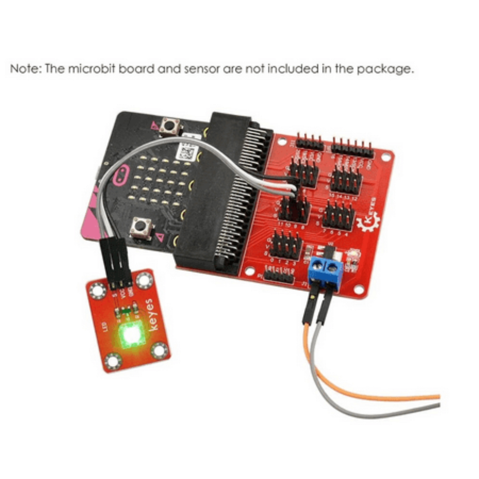 Micro:Bit V2 sensor expansion board connected to a Micro:Bit and LED module, showcasing communication interfaces.