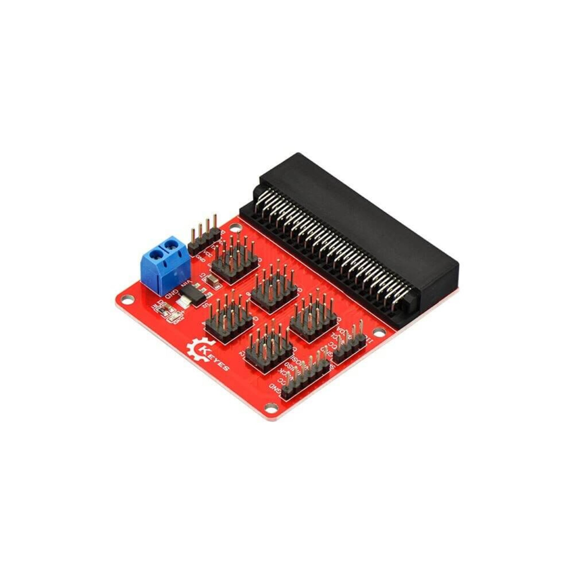 Front view of DC 5V-9V sensor expansion board for Micro:Bit V2, showing I2C, SPI, serial ports.