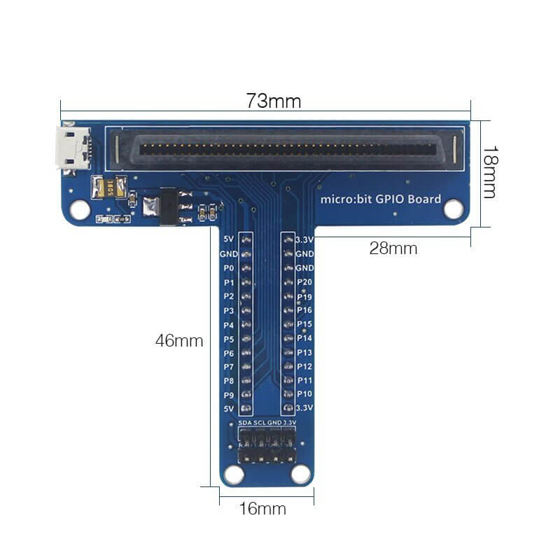 Micro:bit GPIO Expansion Board T-type with 5V and 3.3V output, featuring multiple GPIO pins for electronic education.